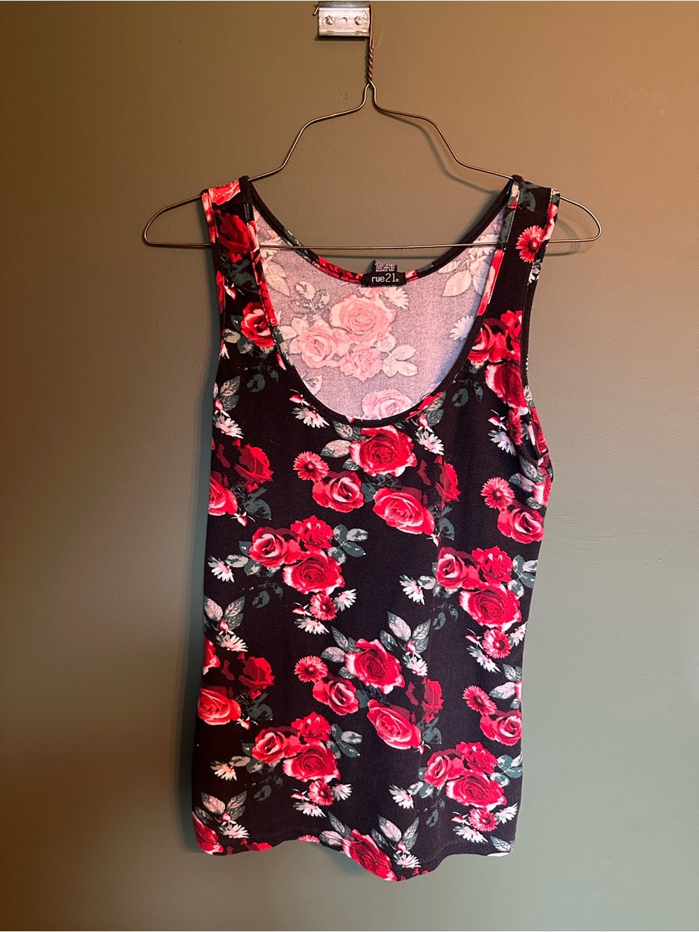 rue21 Black Tank Top with Red Rose Floral Print